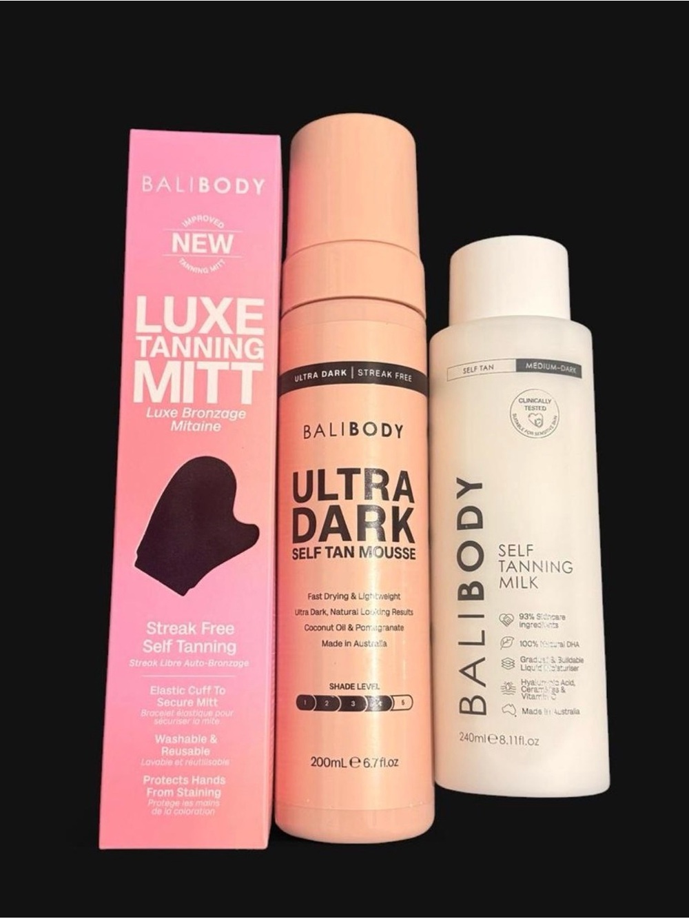 BALIBODY NWT Ultra Dark Self Tan Mousse, Self Tanning Milk & Tanning Mit Set